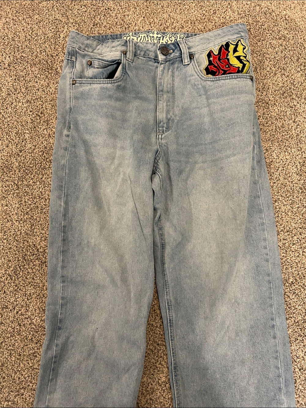 Light Blue Relaxed Men's Jeans with Red & Yellow Patch